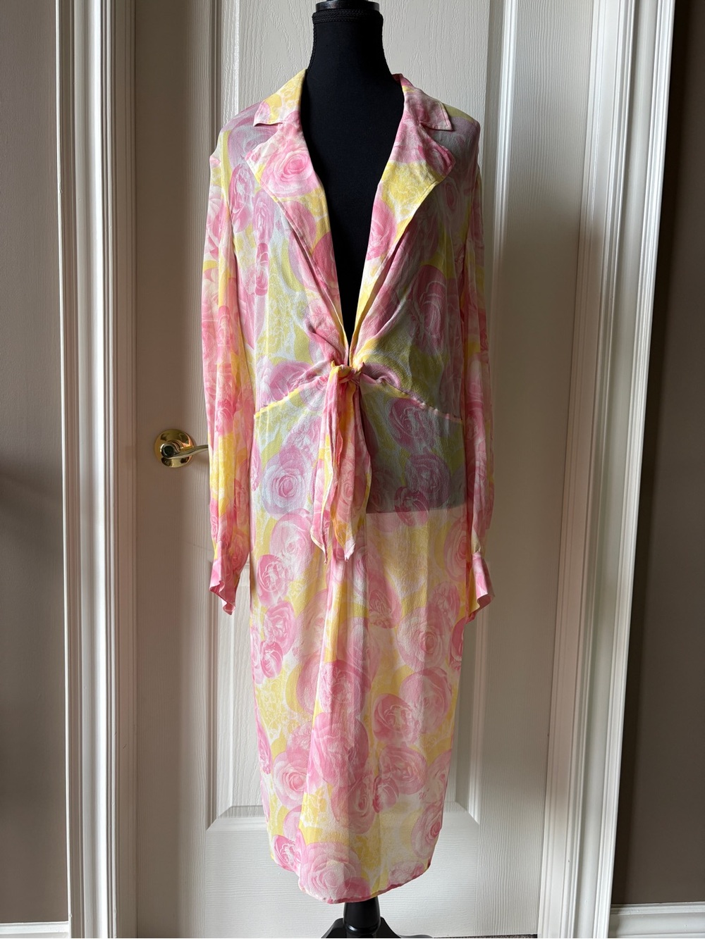ESCADA Silk Chiffon Watercolor Rose Tie-Front Duster Jacket